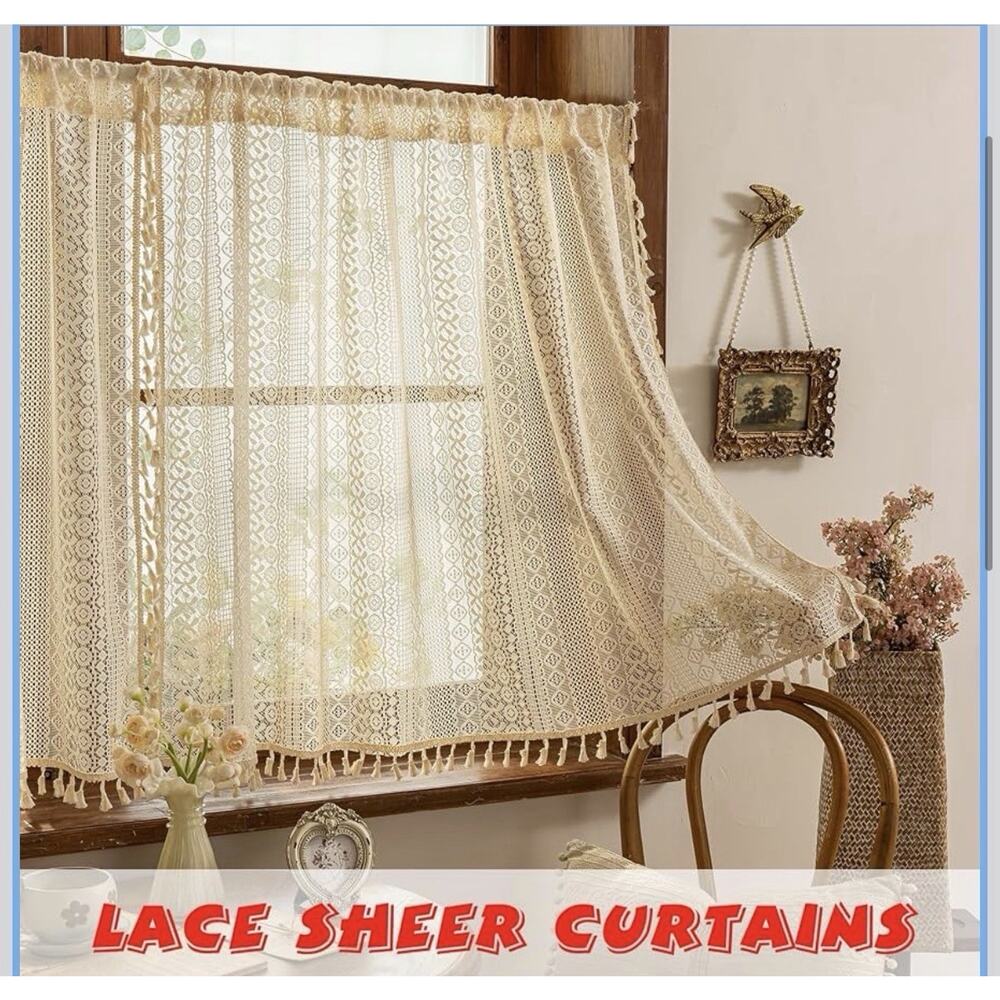 2 Panels Boho Lace Short Kitchen Curtains 50X36 Cafe Laundry Room, Beige New - Picture 2 of 4